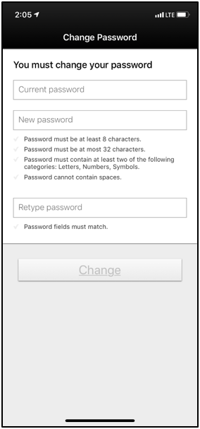 Example screen shot of Change Password screen.